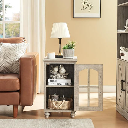 Narrow Side Table Set of 2,Farmhouse Nightstand with Charging Station,End Table with Glass Barn Door Storage, Cabinet Organizer with Adjustable Shelf, Night Stand for Small Spaces Living Room Bedroom