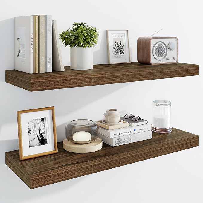 Marsmiles 30" Floating Shelves for Wall, Wooden Shelves with Invisible Brackets Set of 2, Rustic Farmhouse Wall Mounted Shelf for Kitchen Bathroom Living Room Study, Walnut