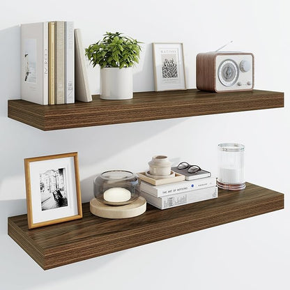Marsmiles 30" Floating Shelves for Wall, Wooden Shelves with Invisible Brackets Set of 2, Rustic Farmhouse Wall Mounted Shelf for Kitchen Bathroom Living Room Study, Walnut