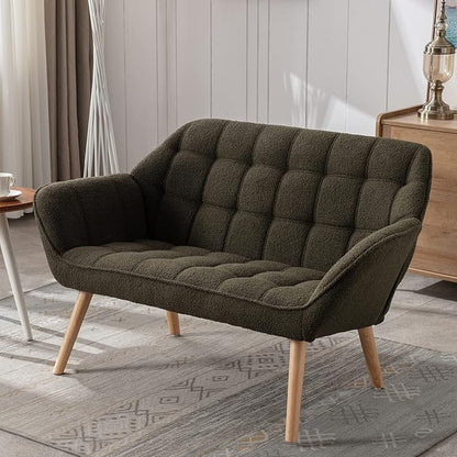 48" Small Loveseat Sofa, Modern Sherpa Mini Sofa Couch 2-Seater Fluffy Love Seat with Quilting Backs and Wood Legs for Living Room, Bedroom and Small Space, Green