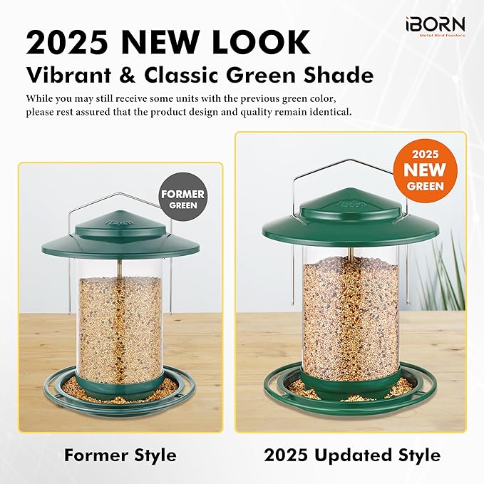 iBorn Metal Bird Feeders for Outdoors Hanging,Wild Bird Feeders for Cardinal,18cm Large Roof&Tray New Green 6 Port (Seed is not Included)