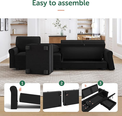 HONBAY Sectional Sofa with Storage Seat Velvet U Shaped Couch with Reversible Chaise Convertible Sectional Couches for Living Room,Black Velvet