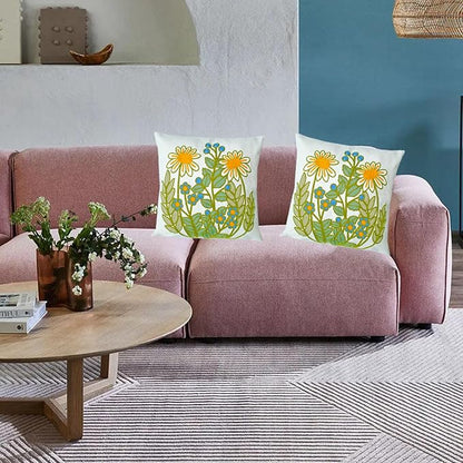 Embroidered Decorative Throw Pillow Cover, 18"x18" Set of 2, Farmhouse Pillowcase Daisy Knit Pattern Cotton Canvas Cushion Case Square Floral Pillow Case for Sofa Couch Bed Living Room…