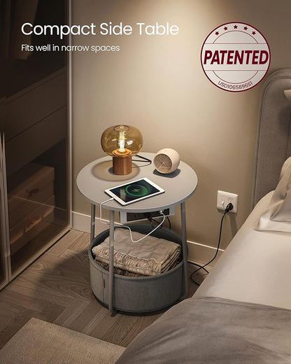 VASAGLE Side Table with Charging Station, Round End Table with Fabric Basket, Nightstand with Power Outlets, USB Ports, for Living Room, Bedroom, Modern, Dove Gray and Slate Gray ULET228G01