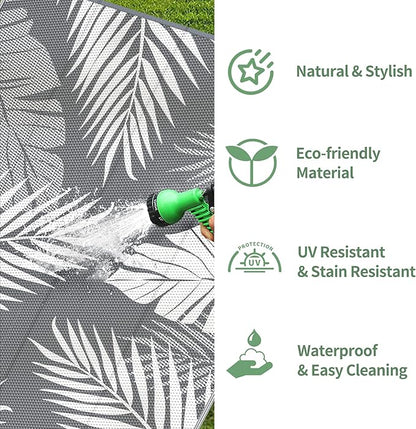 GENIMO Outdoor Rug 4' x 6' Waterproof for Patios Clearance, Reversible Outdoor Plastic Straw Camping Rug Carpet, Large Area Rugs Mats for RV, Camper, Deck, Balcony, Porch, Beach, Picnic, Grey&White