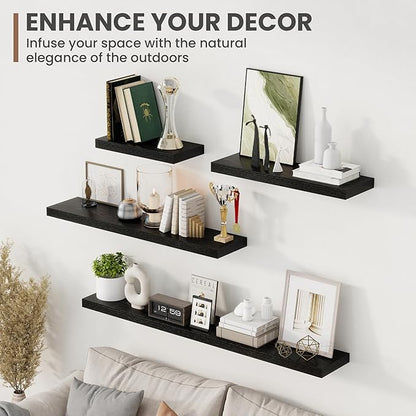 24 Inch Floating Shelves, 8 Inch Deep Floating Shelves for Wall, Hanging Shelf with Invisible Brackets, Deep Shelves for Bathroom, Bedroom, Living Room, Black, Set of 2