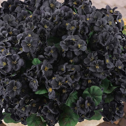 Hananona 12 Bundles Artificial Geranium Flowers for Outdoors Black Silk Geranium Flowers Outdoor UV Resistant Plants Faux Black Flower for Home Kitchen Halloween Table Centerpieces Decor (12, Black)