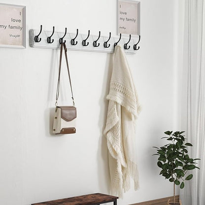 Dseap Coat Rack Wall Mount: 38-1/4" Long, Patented, Heavy-Duty, 10-Double-Hooks Wooden Hanger Rail for Winter Coats Hat Jacket Clothing, White & Black