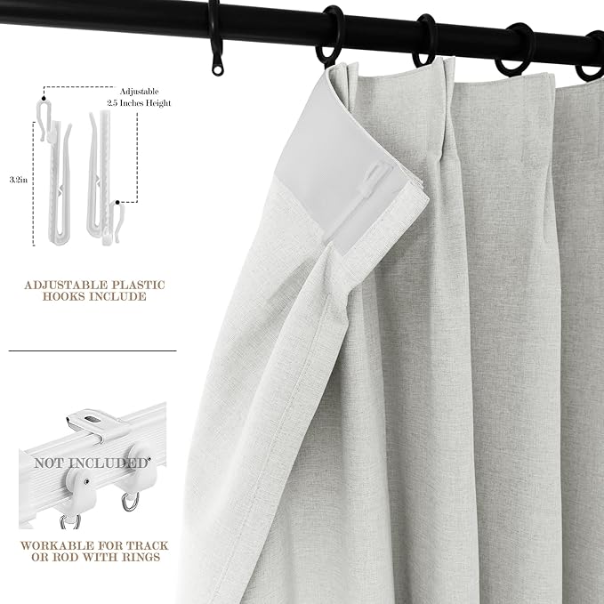 Full Blackout Privacy Curtains, 240 Inch Extra Wide Linen Blend Drapes, Pinch Pleat Window Drapery for Room Divider Storage/Space Room Separation, 1 Panel, W 240" x L 96", Greyish White