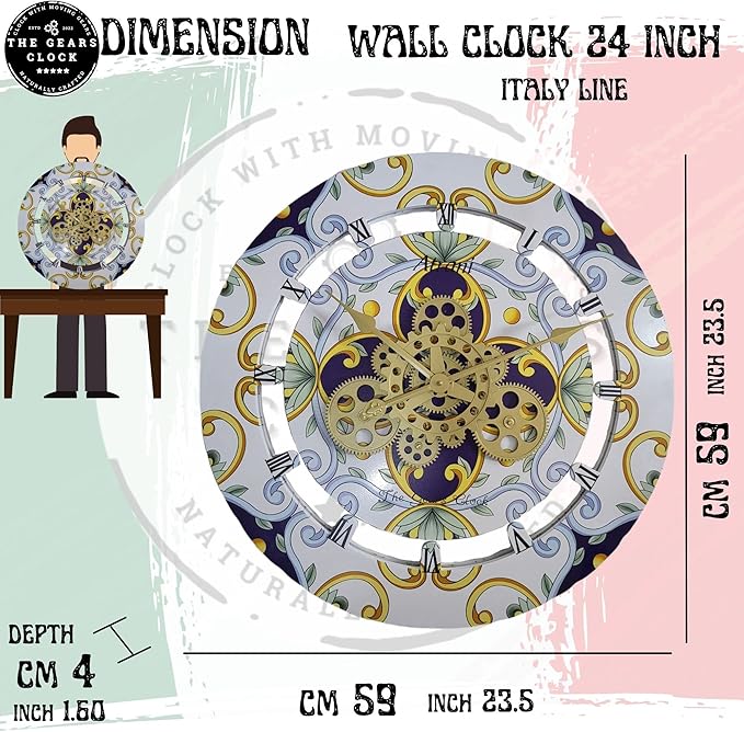 The Gears Clock 24 inches Round Italy Collection Wall Clock with Moving Gears Italy LINE (Praiano)