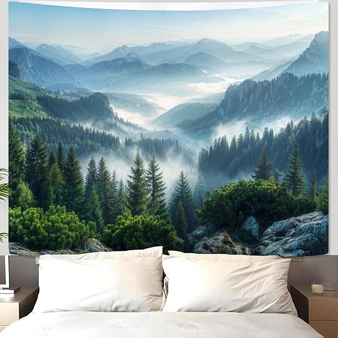 AMM Nature Forest Mountain Tapestry Green Misty Pine Tree Tapestry for Bedroom Aesthetic Foggy Woodlands Sky Landscape Tapestries Wall Hanging for Living Room Dorm 90 x 68 Inch