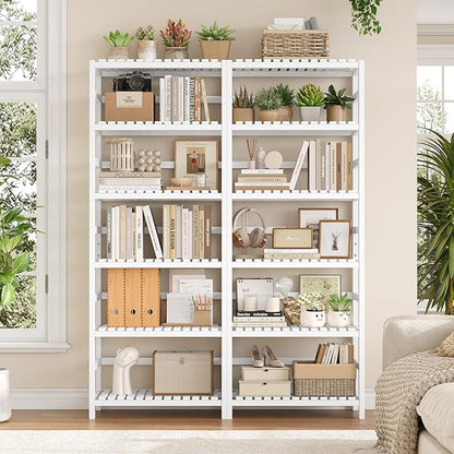 FOTOSOK 6-Tier Bamboo Shelf Set of 2, Bamboo Bookcase with Adjustable Shelves, Free Standing Storage Shelf Unit Plant Flower Stand, Tall Large White Bookshelf for Kitchen, Bathroom, Home Office, White