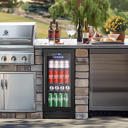 Tylza 15 Inch Beverage Refrigerator, Under Counter/Freestanding Drink Fridge, 130 Cans Beverage Cooler with Glass Door, Reversible Door, Low Noise, Quick Cooling - for Beer, Soda, ETC, Black