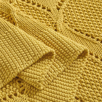 Longhui bedding Chunky Cotton Knit Throw Blanket for Couch, Sofa, Bed, or Chair, Decorative Breathable Fall Cable Knit Blanket 51 x 63 Inches, Medium Weight Mustard Yellow