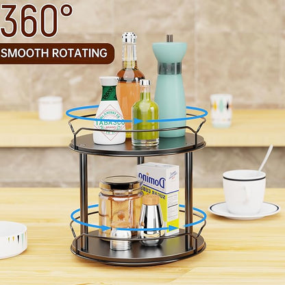Lazy Susan Organizer 2 Tier - 9.2" Turntable Spice Rack for Table Top, Wooden Rotating Lazy Susan for Cabinet Pantry Kitchen Countertop Dining Table Cupboard Bathroom Vanity Storage(Black)