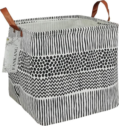 FANKANG Square Nursery Hamper Storage Bins Canvas Laundry Basket Foldable with Waterproof PE Coating Storage Baskets Gift Baskets for Children, Office, Bedroom, Clothes（Square-Black Lines ）