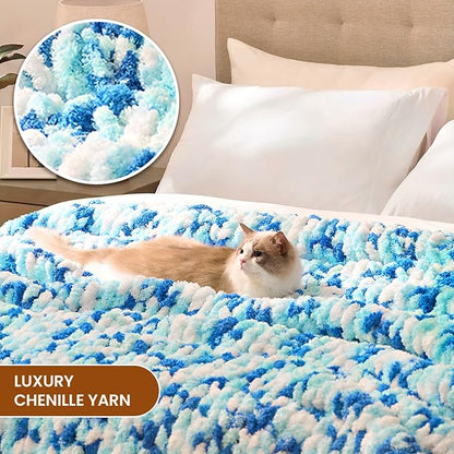L'AGRATY Chunky Knit Blanket Throw: 60''x80'' Chenille Chunky Knitted Throw Blankets for Twin Bed Couch - Handmade Thick Cable Knit Blanket - Large Crochet Rope Blankets for Home Decor