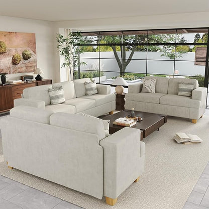 Sofa, 2 Piece Set Comfy Couch, 3 Seater & Loveseat Sofa with Deep Seats, Modern Sleeper Couch for Living Room, Beige Chenille