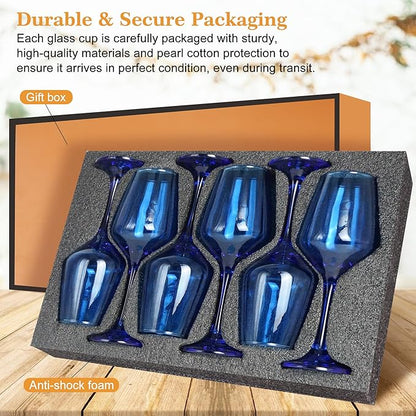 Blue Wine Glasses Set of 6-12oz Blue Long Stem Wine Glass Cups, Pretty Crystal Glassware, Hand Blown Goblets Drinkware, Unique Drinking Stemware Holiday Gift Set