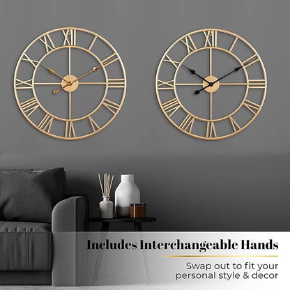 CLXEAST Champagne Gold Metal Wall Clock, Large Roman Numeral 24 Inch Wall Clocks for Living Room Decor,House Warming Gifts New Home