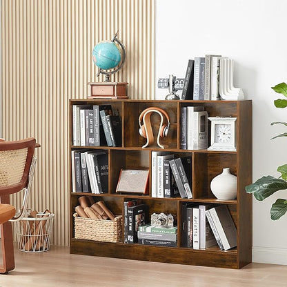 LEYAOYAO 10 Cube Bookshelf with Base,3 Tier Mid-Century Modern Grey Bookcase,Standing Wide Bookshelves Storage Organizer Shelf,Rustic Wood Display Cabinet Book Shelves for Bedroom,Living Room,Office