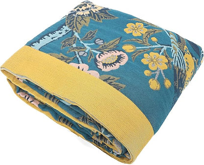 Snycler Boho Throw Blanket for Bed - 100% Cotton Ultra Soft Rustic Quilt Blanket Green Bird Floral Printed Farmhouse Decor Bed Blankets, 80"×90" All Season Rustic Throw for Sofa Couch Chair