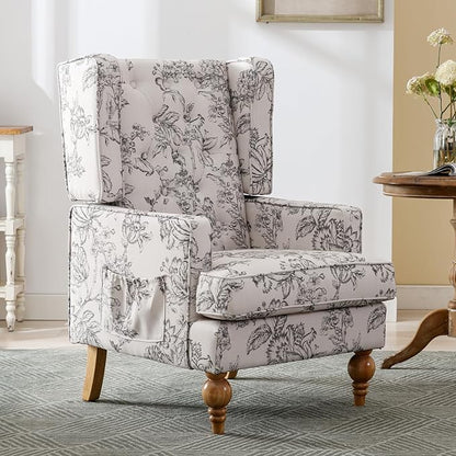 DUOMAY Tufted Accent Chair, Modern Linen Upholstered Wingback Side Arm Chair for Living Room Bedroom with Wood Legs, Comfy Reading Guest Chair for Office, Beige Flower Pattern
