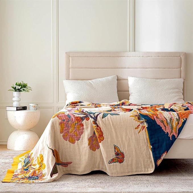 100% Cotton Throw Blanket for Bed Couch Summer 98''x 98'' Super Soft Muslin Blankets Warm Boho Quilt Lightweight Farmhouse Decorative Bed Blankets