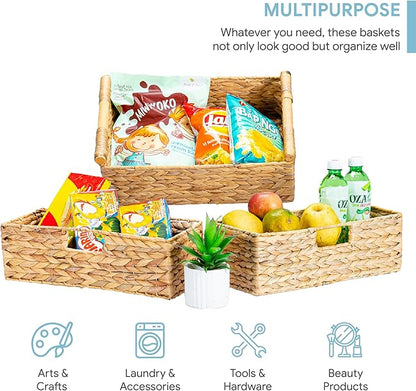 VATIMA Large Water Hyacinth Storage Baskets for Organizing with Wooden Handles for Shelves, 2 Bathroom Small Basket, Water Hyacinth Toilet Paper Baskets, Set of Natural Wicker Storage Basket for Home