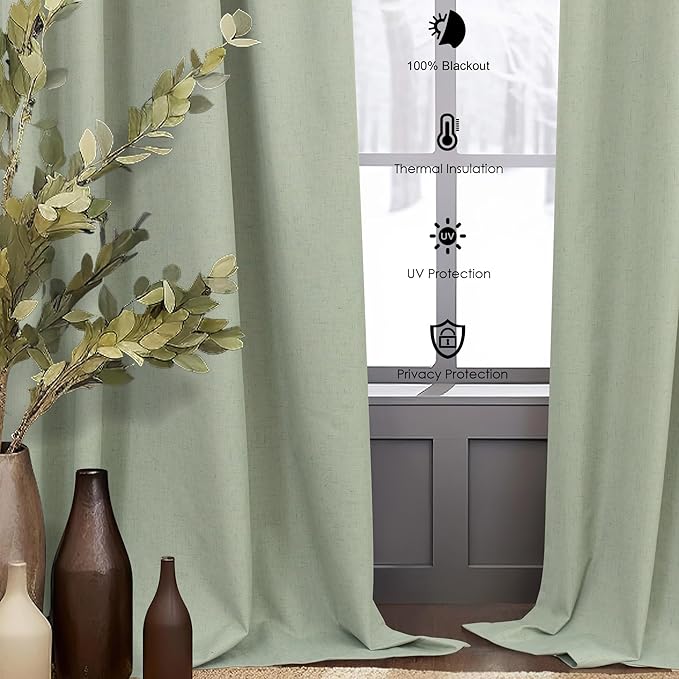 Sage Green Curtains 84 Inch Length 2 Panels Set for Bedroom Back Tab Blocking Light Sage Boho Blackout Linen Drapes Thermal Insulated Black Out Room Darkening Window Curtain for Living Room 52x84 Long