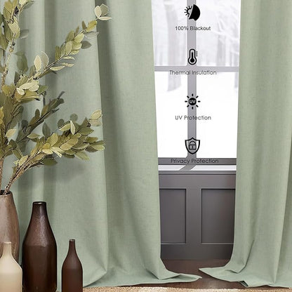 Green Country Kitchen Curtains 45 Inch Length Short Small Basement Window Blackout Cooling Curtains for Summer Heat Linen Cafe Bathroom Classroom Dorm RV Camper Sage Green Drapes with White Backing