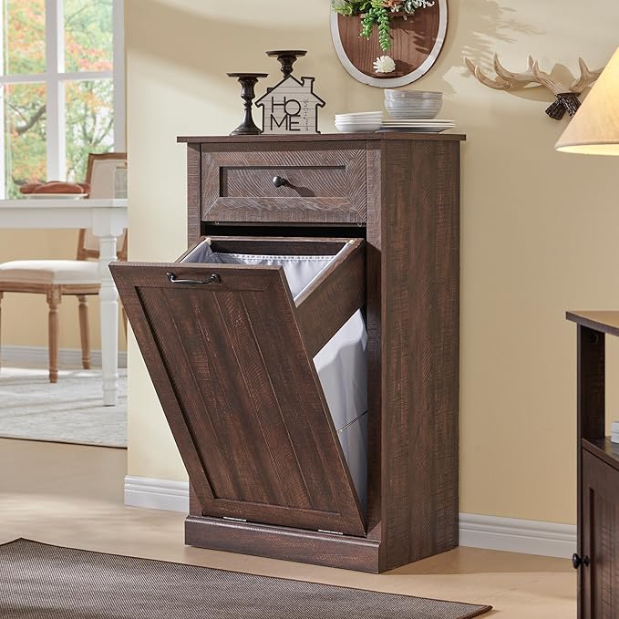 Tilt Out Laundry Hamper Cabinet, 10 Gallon Farmhouse Trash Can Cabinet with Drawer, Hidden Wood Garbage Can Bin Cabinet with Laundry Storage Basket for Bathroom, Kitchen, Brown