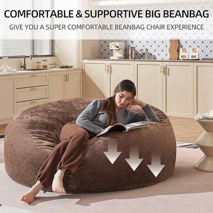 Bean Bag Chair 6Ft, Memory Foam Filled, Large Beanbag Chairs for Adults and Teens, Soft Sofa with Removable Flannel Cover, Round Couch for Living Room Bedroom College Dorm (Coffee, 6FT-67×67"×24")