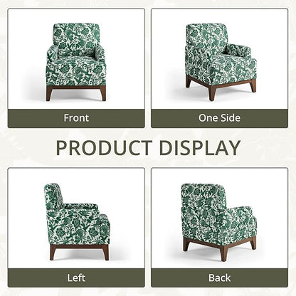 Floral Accent Armchair, Retro Wingback Upholstered Armchair with Wide Dipped Back Design and Wooden Legs, High Back Armchair, Leisure Single Sofa Chair for Living Room, Bedroom, Balcony, Green