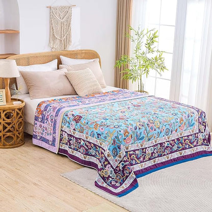 Fall Blanket for Bed, 100% Cotton Soft Rustic Boho Throw Blanket Quilt, 50"x60" Farmhouse Decor Bed Flower Blankets, Light Weight Reversible Bohemian Throw Quilt