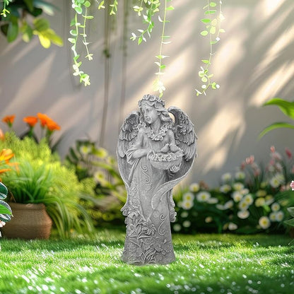 Outdoor Statues Angel Décor Garden Statue- 23.5" H Angel Statue,Resin Angel with Bird Figurine, Ideal for Yard, Patio, Deck, Home Entryway, and Hallway（Grey）