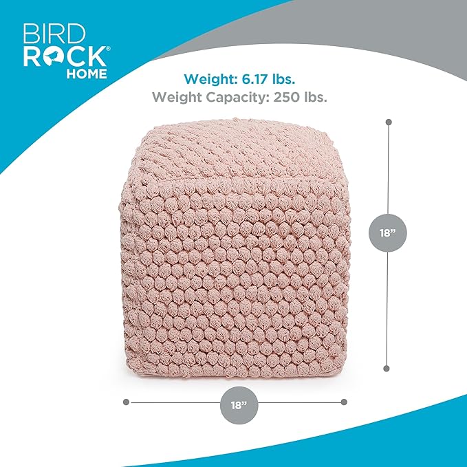 BIRDROCK HOME Buds Pouf Foot Stool Ottoman - Knit Bean Bag Floor Chair - Cotton Braided Cord - Great for The Living Room, Bedroom and Kids Room - Small Furniture (Dusty Rose - Buds)