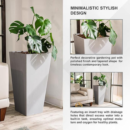 XBrand Modern 30-Inch Tall Square Planter, Tapered, Perfect for Indoor & Outdoor, Patio Decor, Set of 2, Gray