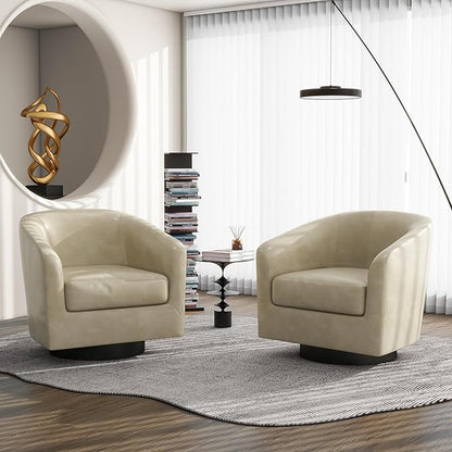 Swivel Barrel Accent Chair, Modern Round Faux Leather Arm Chair for Living Room, Bedroom, Comfy Club Reading Chairs for Adults, Faux Leather, Cream, Set of 1