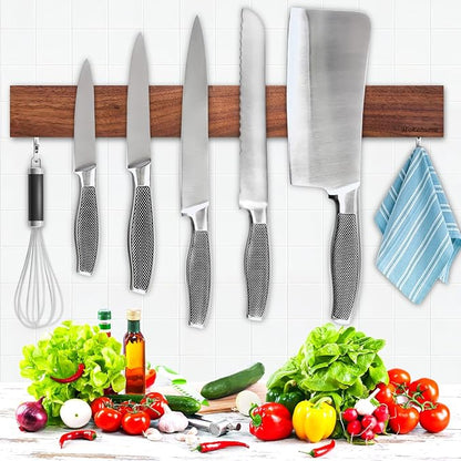 Magnetic Knife Holder for Wall, Magnetic Knife Strip No Drilling 16 Inch, Walnut Wood Magnet knife holder strip with 2 Hooks, Powerful Magnet Knife rack for Kitchen Utensils, Knives and Tools
