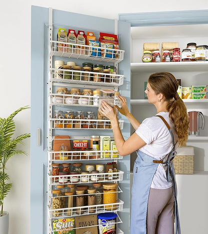 Over The Door Pantry Organizer, Wall Mount Spice Rack, Pantry Hanging Storage and Organization, 8 Adjustable Baskets Heavy-Duty Metal for Home & Kitchen, Back of Door Seasoning Rack - White