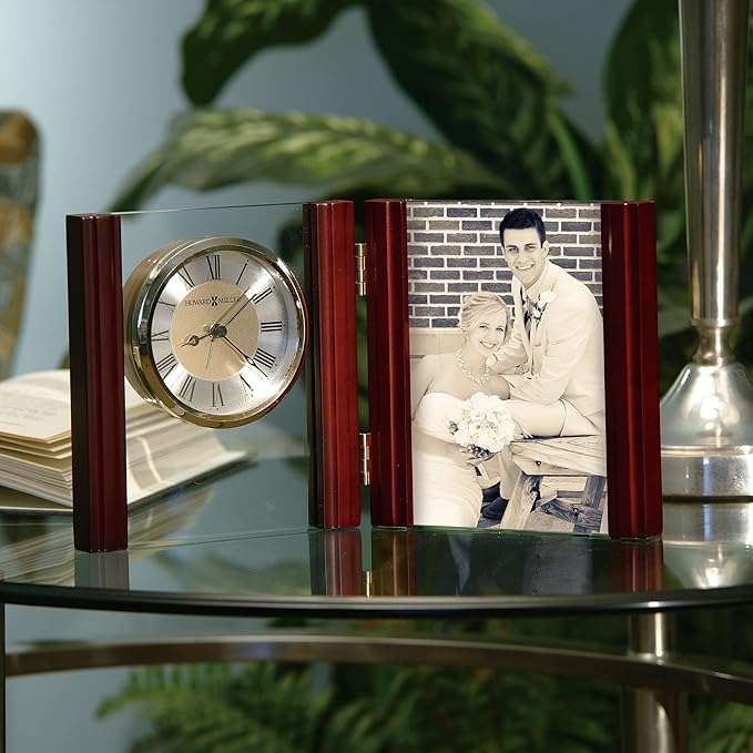 Howard Miller Alex Tabletop Clock, Wood Finish Side Columns Golden Analog Display | Battery Powered Quartz Alarm Movement Crystal Clock, Perfect for Office Room and Home Decor