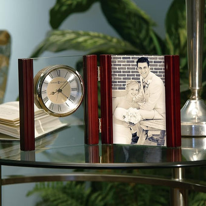 Howard Miller Alex Tabletop Clock, Wood Finish Side Columns Golden Analog Display | Battery Powered Quartz Alarm Movement Crystal Clock, Perfect for Office Room and Home Decor