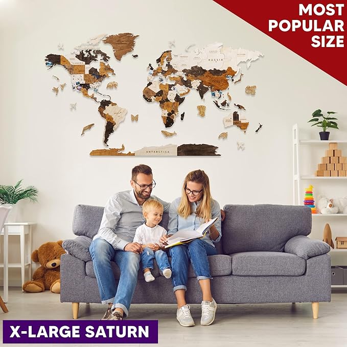 HYPERI Multilayered 3D Wooden World Map Wall Decor, Wood Art Wall Decor, Mapa Mundi Para Pared, World Maps and Push Pins, Christmas, Valentine's Day Gifts For Dad, Mom, Boss, Husband, Wife (Large)