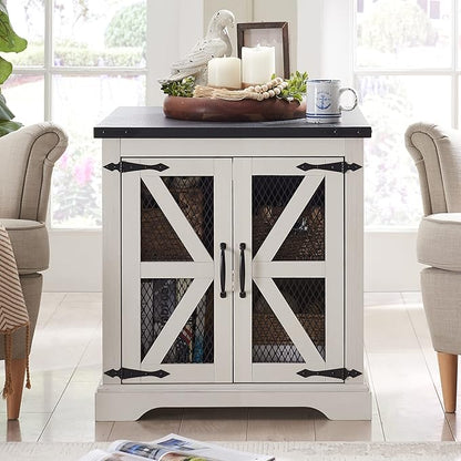 JXQTLINGMU Farmhouse End Table, 24" Large Sofa Side Table with Charging Station, Mesh Barn Door, and Adjustable Storage Shelf, Rustic Wood Square Nightstand for Living Room, Bedroom, Office, White