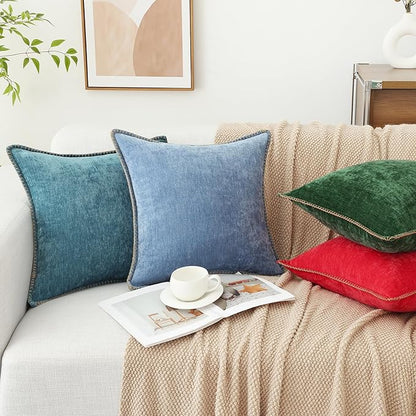 decorUhome Chenille Soft Throw Pillow Covers 26x26 Set of 2, Farmhouse Velvet Neutral Decorative Euro Pillow Covers with Stitched Edge for Couch Sofa Bed Home Decor, Teal