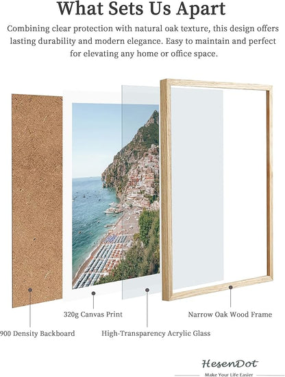 HesenDot Natural OAK Wood Framed Italian Positano Beach Wall Art,12x16in Amalfi Coast Canvas Wall Print,Summer Coastal Landscape Poster Wall Decor for Living Room,Bedroom,Office Gallery Set of 1