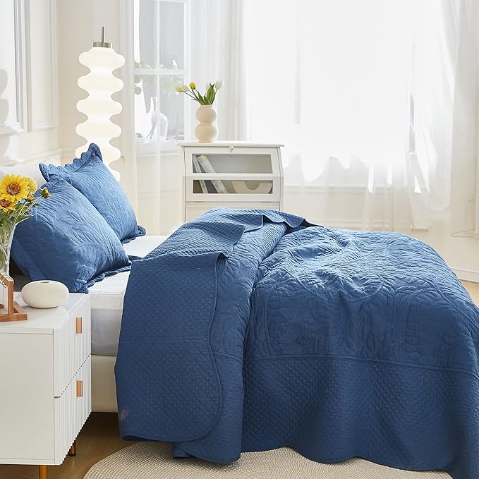 MarCielo 3-Piece 100% Cotton Oversized Bedspread Lightweight Quilt Coverlet Embroidery Farmhouse Bedding Set T0 (Midtone Blue, Oversized King (118"x106"))