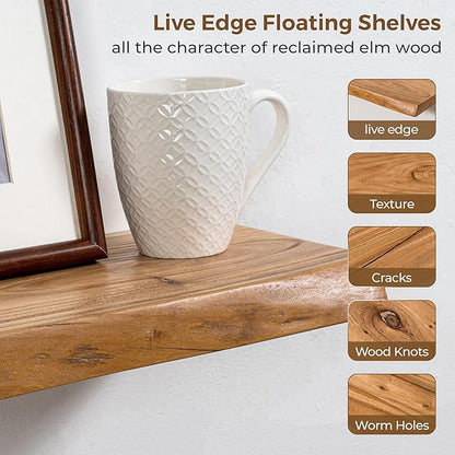 Axeman 72 inch Extra Long Floating Shelves for Wall - 8'' D Live Edge Rustic Solid Elm Wood Floating Shelves Wall Mounted, Wall Shelves with Invisible Bracket for Living Room Bedroom Kitchen, Natural