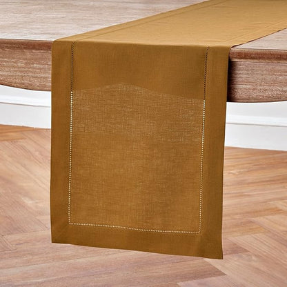 Solino Home Linen Brown Sugar Table Runner 120 Inches Long - 100% Pure Linen 14 x 120 Inch Table Runner for Fall, Autumn, Thanksgiving - Classic Hemstitch